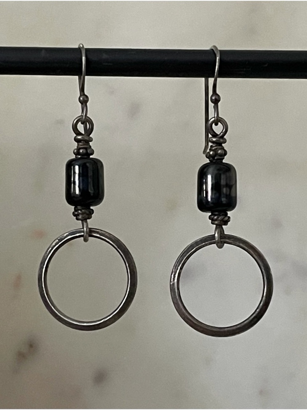 Sterling Silver glass beaded ring drop earrings.